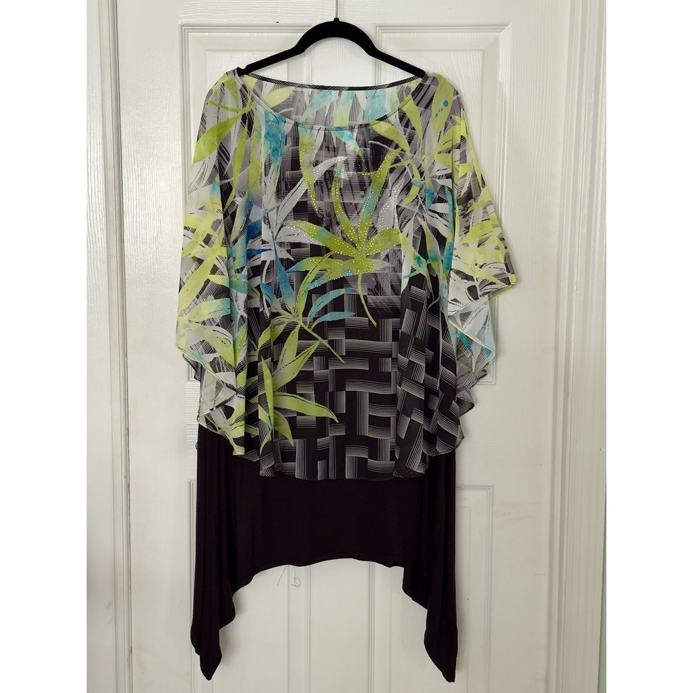 Avenue Black Tank Dress Sheer Tropical Overlay Rhinestone SharkbiteHem 26/28 NWT